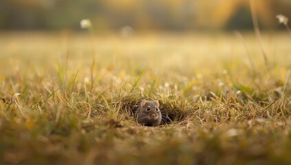 Obraz premium Autumn landscape with small rodents, mice and voles constructing burrows in grassy areas, wildlife activity