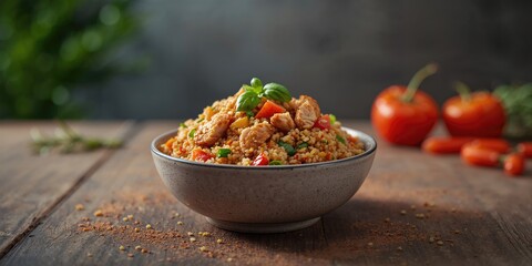 Quinoa-based dish featuring chicken and vegetables, suitable for balanced diet planning