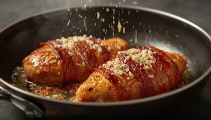 Golden brown chicken breasts with smoked bacon, emphasizing cooking style and flavor enhancement