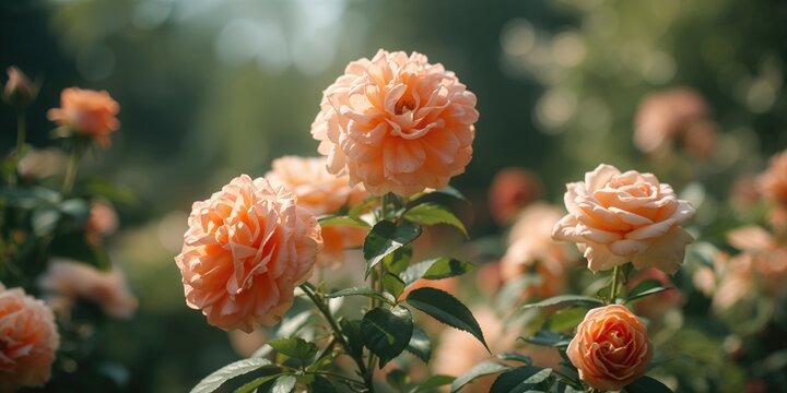In a garden setting, apricot and peach roses with terry petals bloom among English roses, highlighting seasonal growth