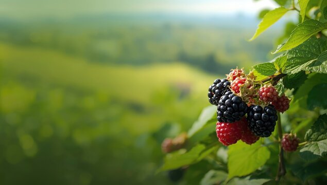 Assorted wild berries such as dewberry and raspberry on branches, emphasizing natural food sources, World Food Day
