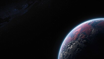 Dark space backdrop showing planetary terrain with craters, stars, and comets, suited for astronomy and space research