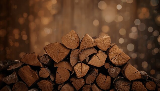 Stack of dry chopped wooden logs on a wooden surface, illustrating firewood preparation for seasonal heating - Powered by Adobe