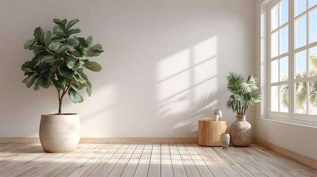 Empty room corner features light wood flooring, off-white walls, and a large potted fiddle leaf fig tree illuminated by bright sunlight.