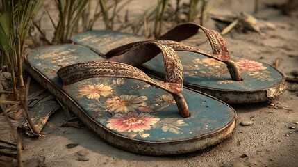 Floral flip flops resting on sandy ground amongst dry grass