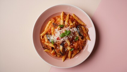 Naklejka premium Pasta alla Norma with basil and grated ricotta salata, highlighting plant-based flavors, on a pink and beige table setting