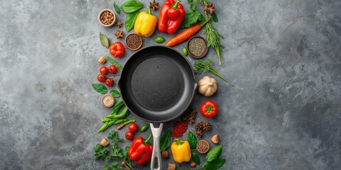 Cooking ingredients including vegetables and spices arranged on a gray stone surface with a frying pan from above, focusing on food preparation safety