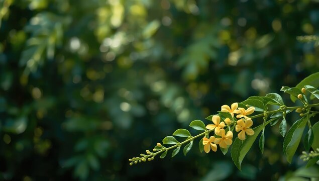 Green leaves and flowers from a Siamese senna branch serving as a natural backdrop for layout or editorial purposes