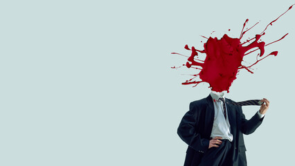 Conceptual poster design businessman with red paint explosion head metaphor. Concept of emotional outburst, internal conflict, corporate pressure, mental chaos, and loss control.