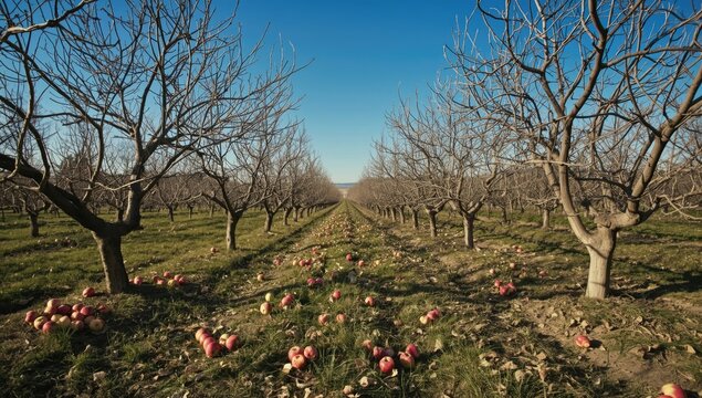 Apple orchard in late fall with bare branches and apples on the ground, seasonal change awareness