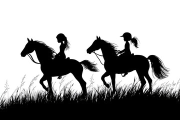 Silhouette of Equestrians: A pair of young equestrians gracefully ride their horses, their silhouettes a striking contrast against the bright background.