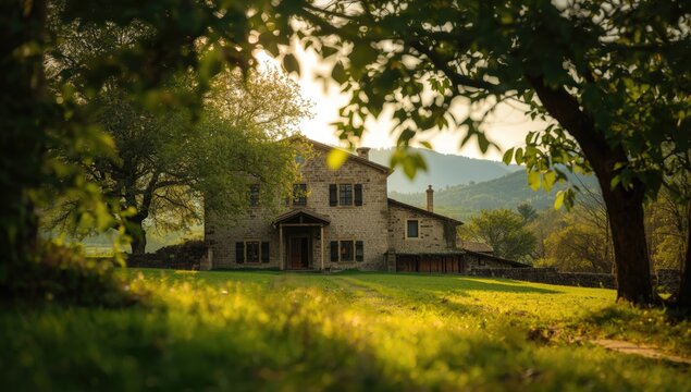 Caserio style building with slate roof and stone walls, focused on regional preservation, Earth Day