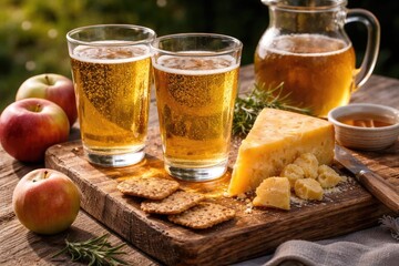 Organic apple cider glasses paired with artisanal cheddar cheese on rustic wooden board