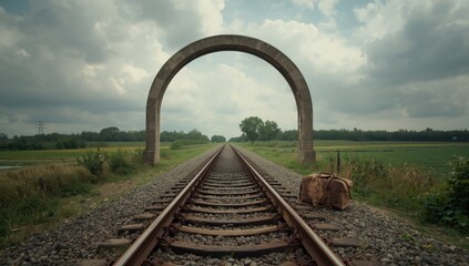 Country railway passing under a modest bridge on overcast weather, highlighting transportation and rural scenery
