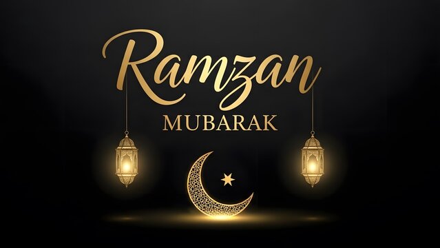 A golden Ramzan Mubarak greeting with crescent moon and lanterns on a black background AI generated