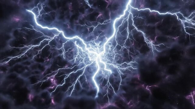 Extremely fast and dynamic hyper-realistic simulation of massive azure lightning bolts aggressively tearing across a field of dark, swirling electric gas risk, vapor, destructive