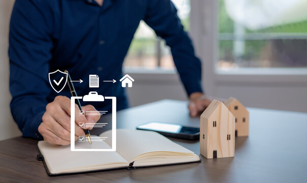 Property verification and real estate approval concept with checklist, document review, and home model. Mortgage evaluation, insurance validation, risk assessment, and compliance process for property 