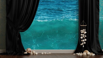 Dark curtain behind vibrant sea, designed as a layout or text overlay background