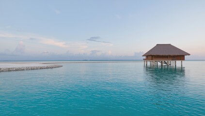 Overwater bungalow situated on a peaceful ocean, leisure and serene scenery