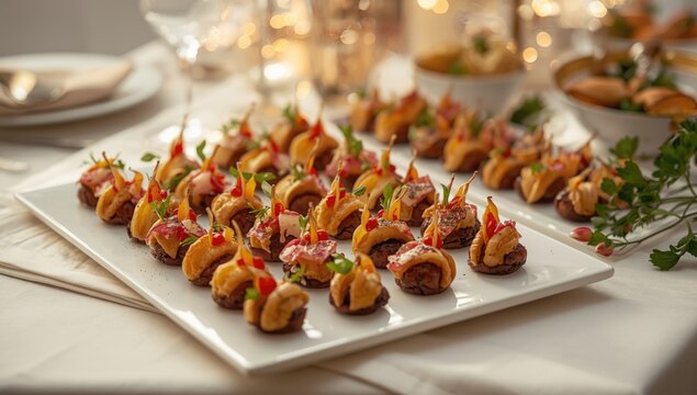 Mini snack assortment on a buffet setup at a celebration, focused on food display and social occasion