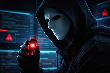 Suspicious cybercriminal in profile with white mask and virus payload