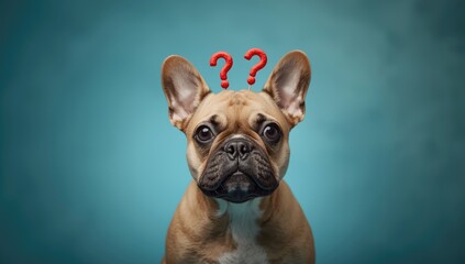 Small French Bulldog wearing a question mark headband against a blue backdrop, focused on expressive accessories