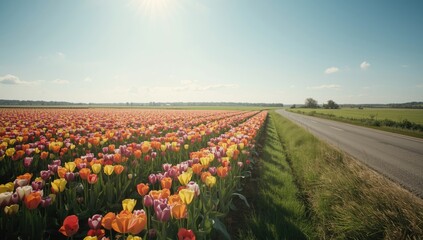 Fototapeta premium Bright tulip display in a farm setting, serving as a floral backdrop for visual layouts