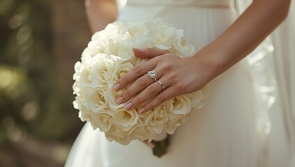 Brides hands displaying wedding rings and holding a bouquet for wedding accessory focus