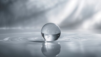 A single glass droplet on a reflective surface, highlighting minimalism and surface properties, ideal for layout backgrounds