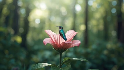 Obraz premium Vivid blue and green feathered bird resting on a blooming flower, highlighting vibrant wildlife