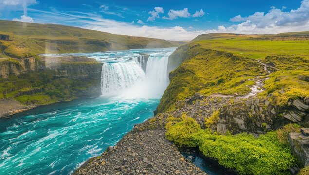 Iceland's Barnafoss waterfall with flowing water over rugged volcanic terrain into a vibrant river, surrounded by greenery, highlighting erosion vulnerability