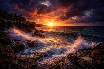 Fototapeta premium Spectacular oceanfront at dusk with dramatic lighting