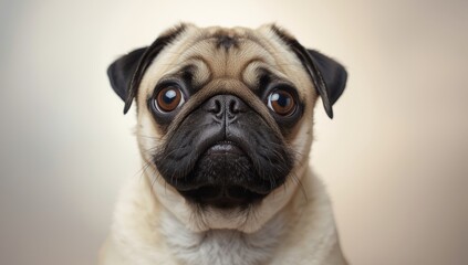 Obraz premium Detailed image of a pug's face with black and white fur, suitable for animal-themed signage or banners