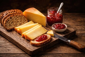 Gouda cheese and multigrain bread slices complemented by strawberry jam on rustic wooden board with a special knife and copy space