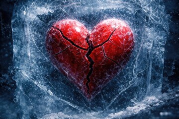 Frozen in ice, a red heart sculpture with cracks signifying heartbreak and betrayal