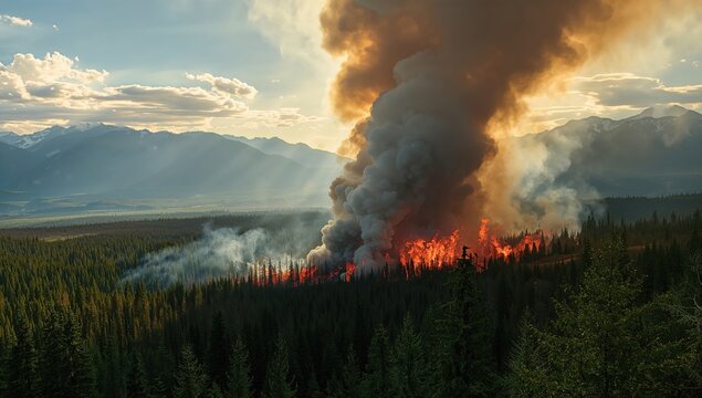 Wildfire in Canada producing extensive smoke plume, highlighting natural disaster effects