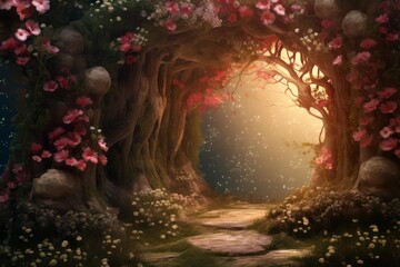 Naklejka premium Stone pathway winding through a fairytale forest with blooming flowers and shining particles