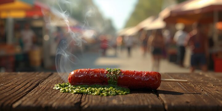Street food scene featuring mini chorizo on skewers with chimichurri sauce during a barbecue event, emphasizing grilling techniques