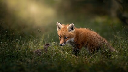 Obraz premium Young red fox exploring its environment while hunting a partridge, natural behavior in wildlife studies