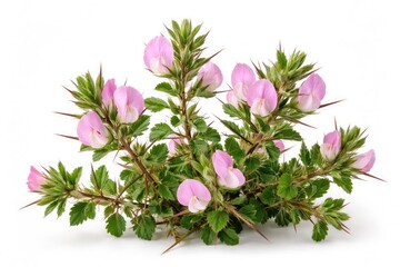 Obraz premium Spiny restharrow plant in bloom showing delicate pink flowers, menacing thorns, and green leaf clusters on white