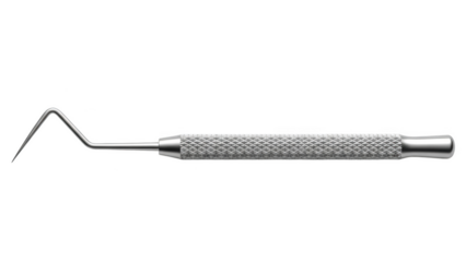 Dental explorer tool with pointed curved tip and textured handle isolated on a transparent background