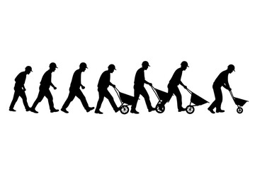 Fototapeta premium Construction Evolution: An illustrative representation of the human journey, showing evolution from carrying to carrying a wheelbarrow, symbolizing the development of construction labor over time.