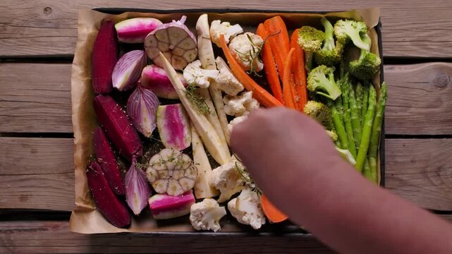 Woman sprinkling salt on sliced beets and carrots on a tray. Top view of seasoning healthy roasted vegetables for a Sunday family dinner