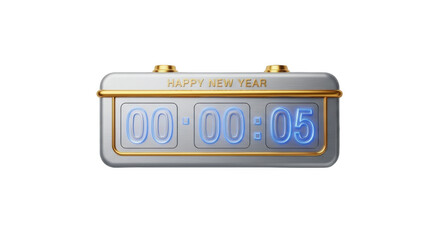 Digital countdown timer displaying 00 05 with Happy New Year text isolated on a transparent background