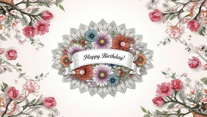 Border-style adult coloring page featuring birthday greetings to promote stress relief