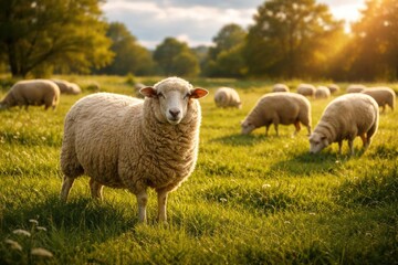 Obraz premium Joyous sheep grazing on a vibrant green grass field in full length during a warm summer day