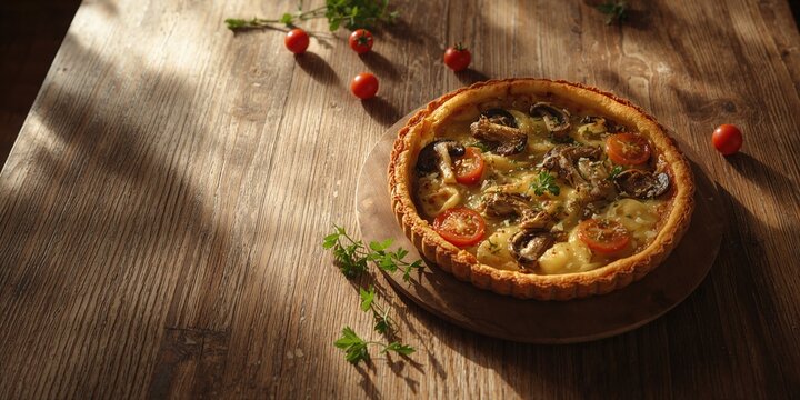 Savory quiche featuring chicken, mushrooms, and cherry tomatoes, displayed on a wooden surface, highlighting homemade comfort food