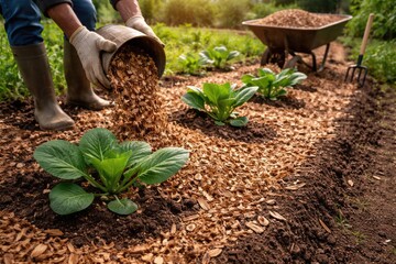 Soil enrichment and mulching in sustainable farming using recycled wood chips
