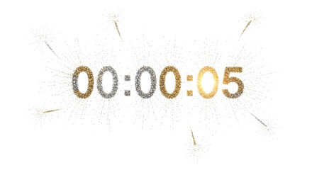Glittering golden and silver numbers 000005 with white fireworks bursts isolated on a transparent background