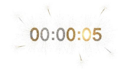 Glittering golden and silver numbers 000005 with white fireworks bursts isolated on a transparent background